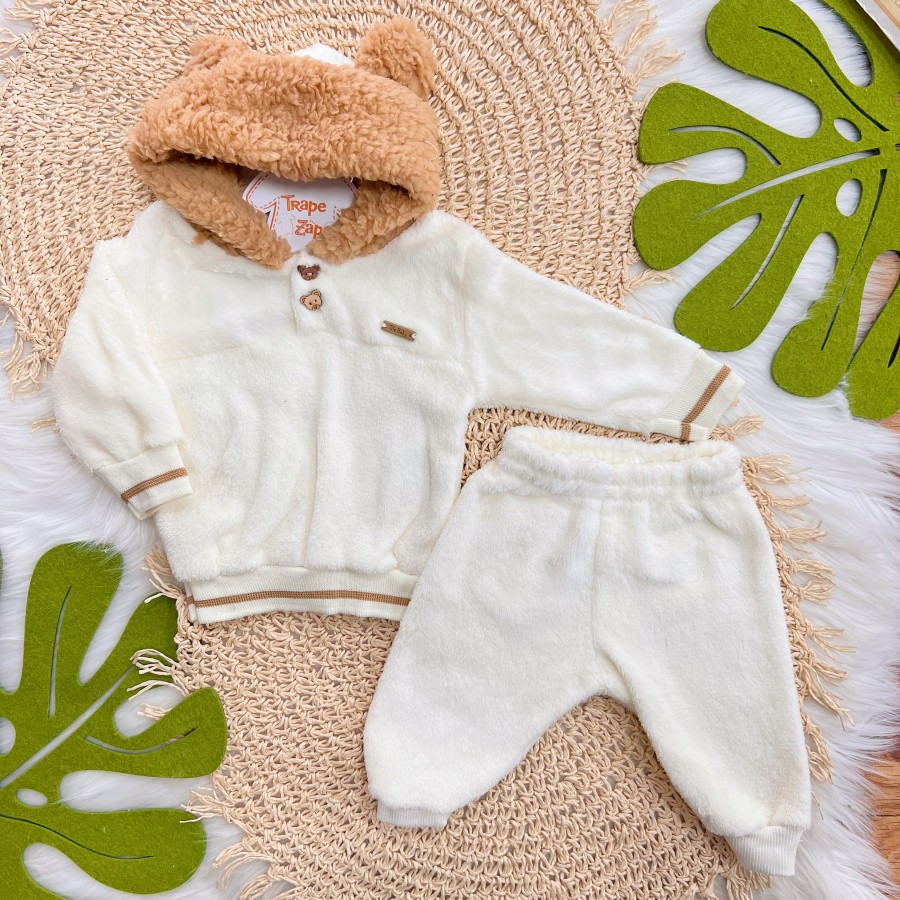 Conj. Casaco Capuz Orelha de Ursinho e Calça de Pelinho - Off White